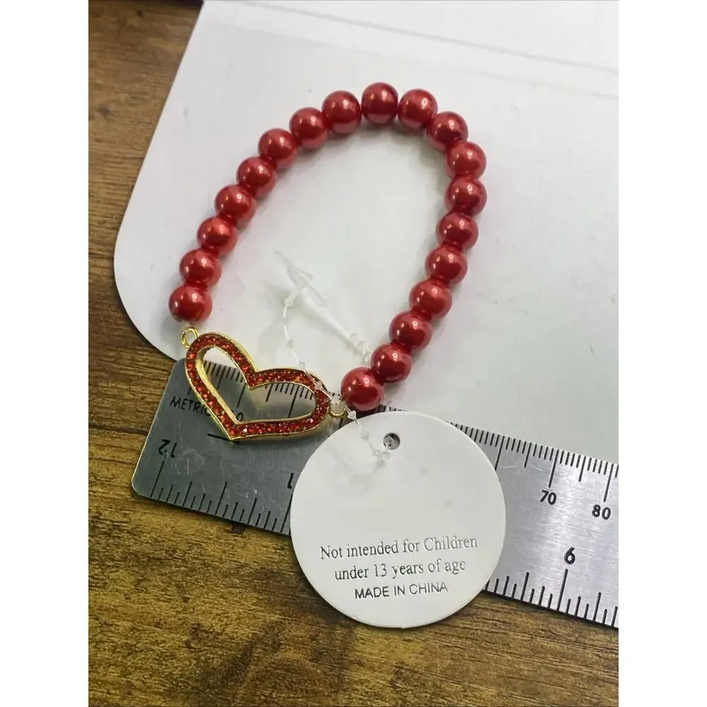 Womens Heart Rhinestone Red Faux Pearl Bracelet